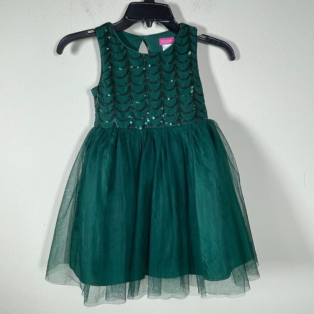 Zunie Green Sequin Velvet Sleeveless Dress Tulle Skirt Girl Size XS 4/5 Party!